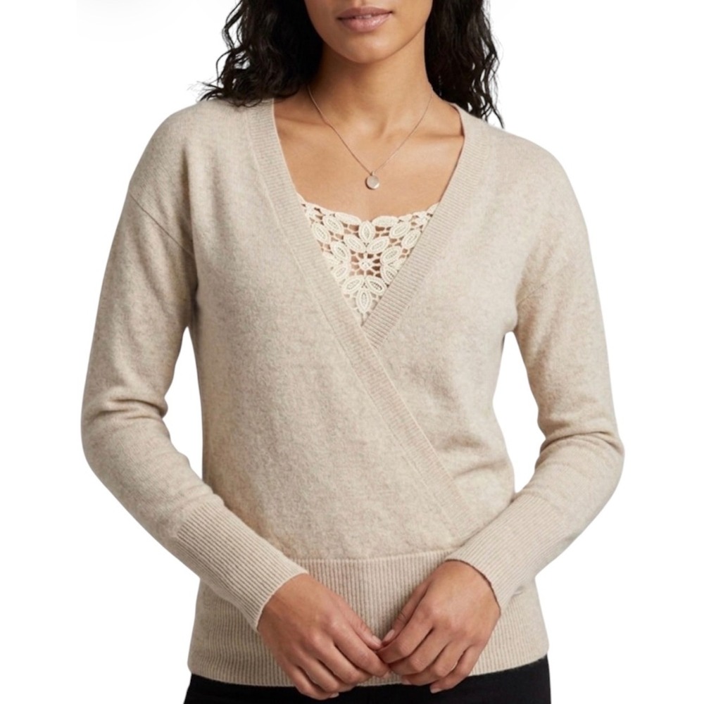 Hotel Particulier 100% Cashmere Sweater Size XS Tan Minimalist Lace Detail